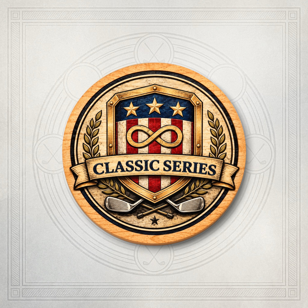 Wood coin engraved and colored of Classic Series logo.