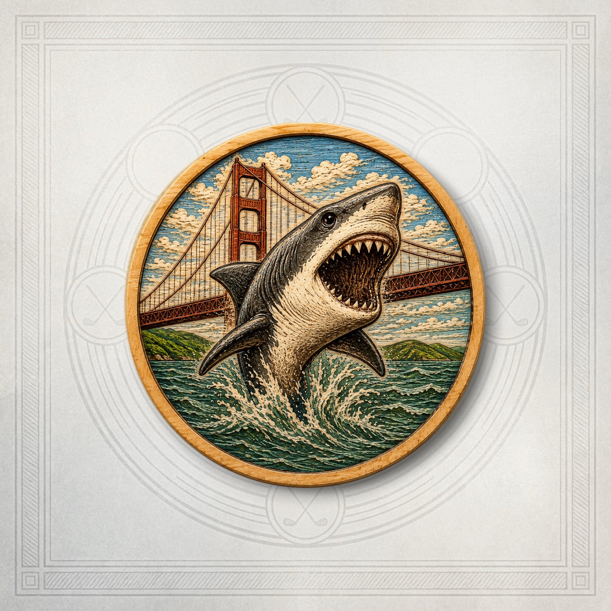 Wood coin engraved and colored of a shark and bridge.