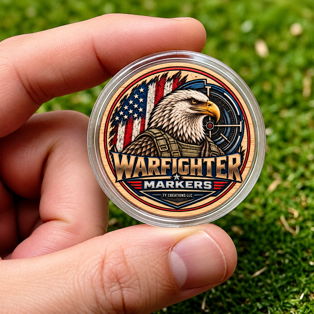 Wood coin with color engraved Warfighter logo, stored inside a clear capsule. Held by hand with grass background.