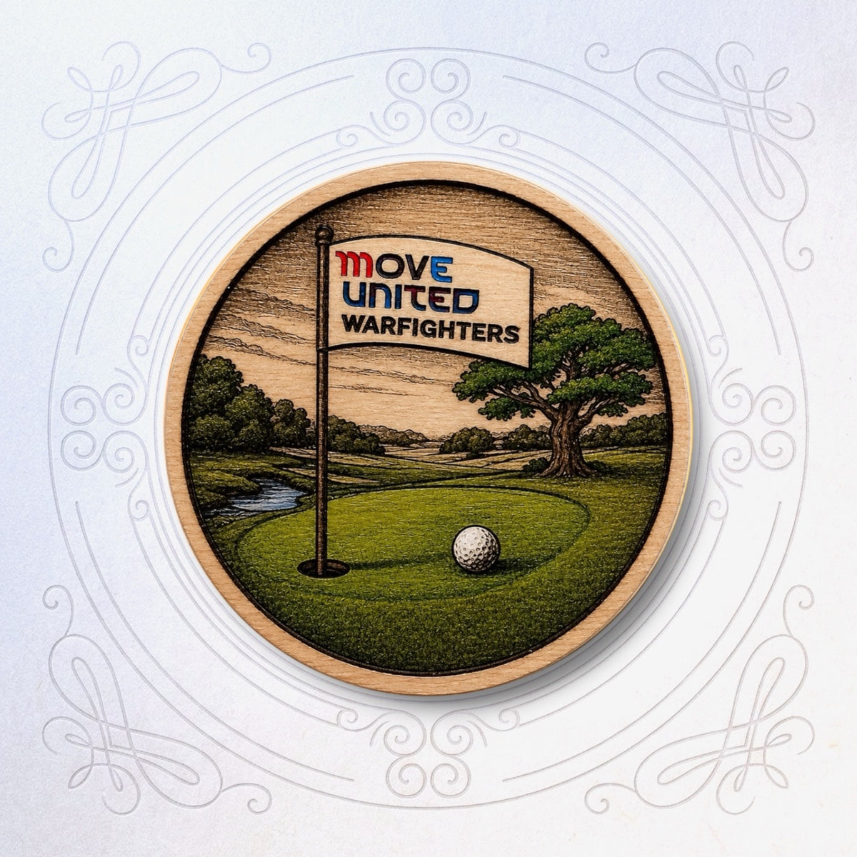 Wood coin engraved and colored with engraving of golf course and flag with Move United Warfighters.