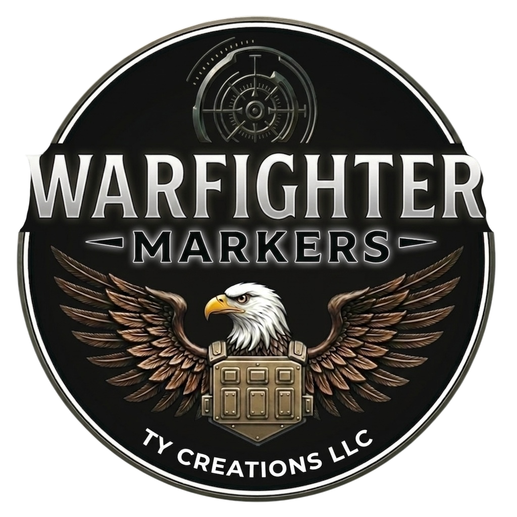 Warfighter Markers logo with an eagle and shield design on a black background