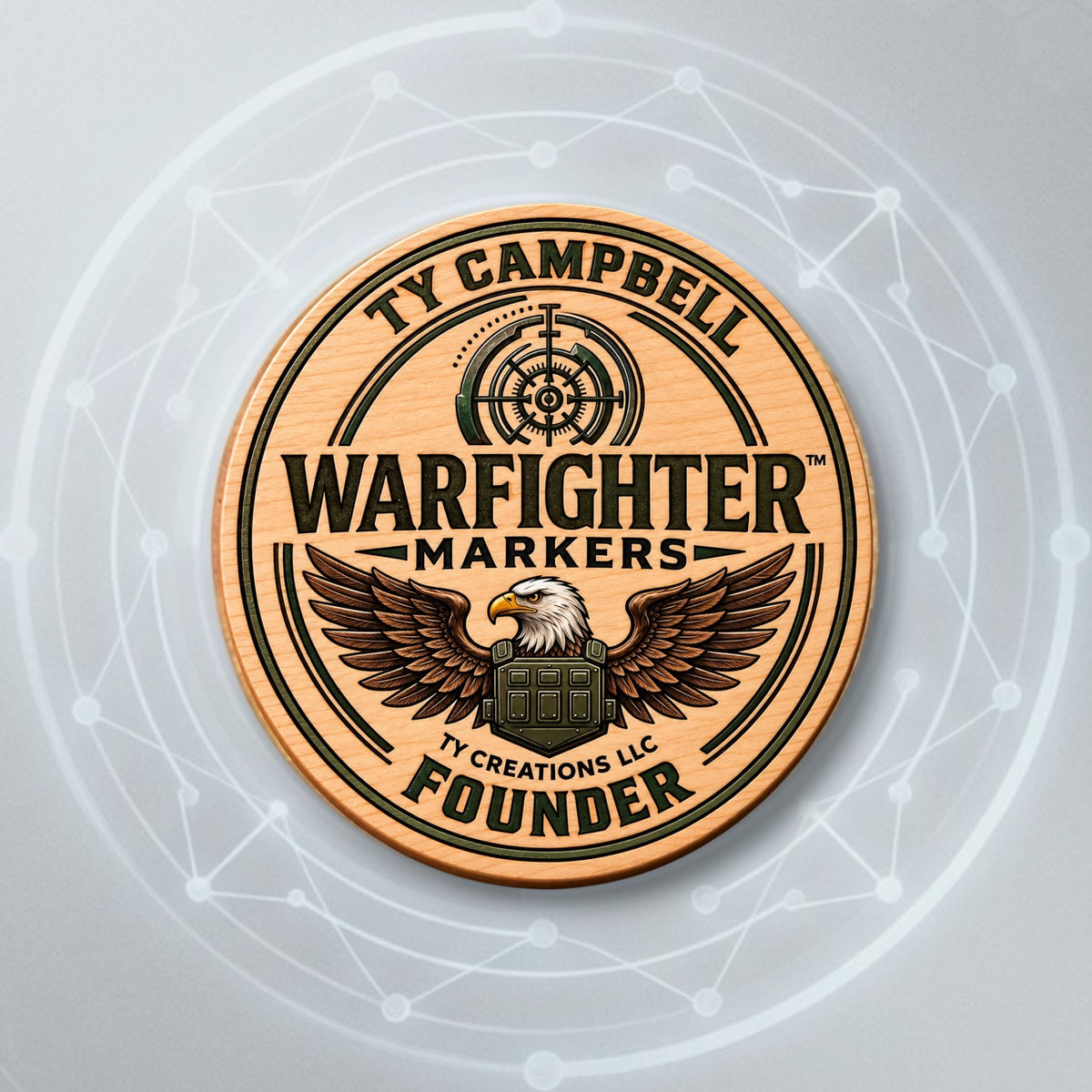 Wood coin engraved and colored with eagle logo and owner name on top. digital theme background. 