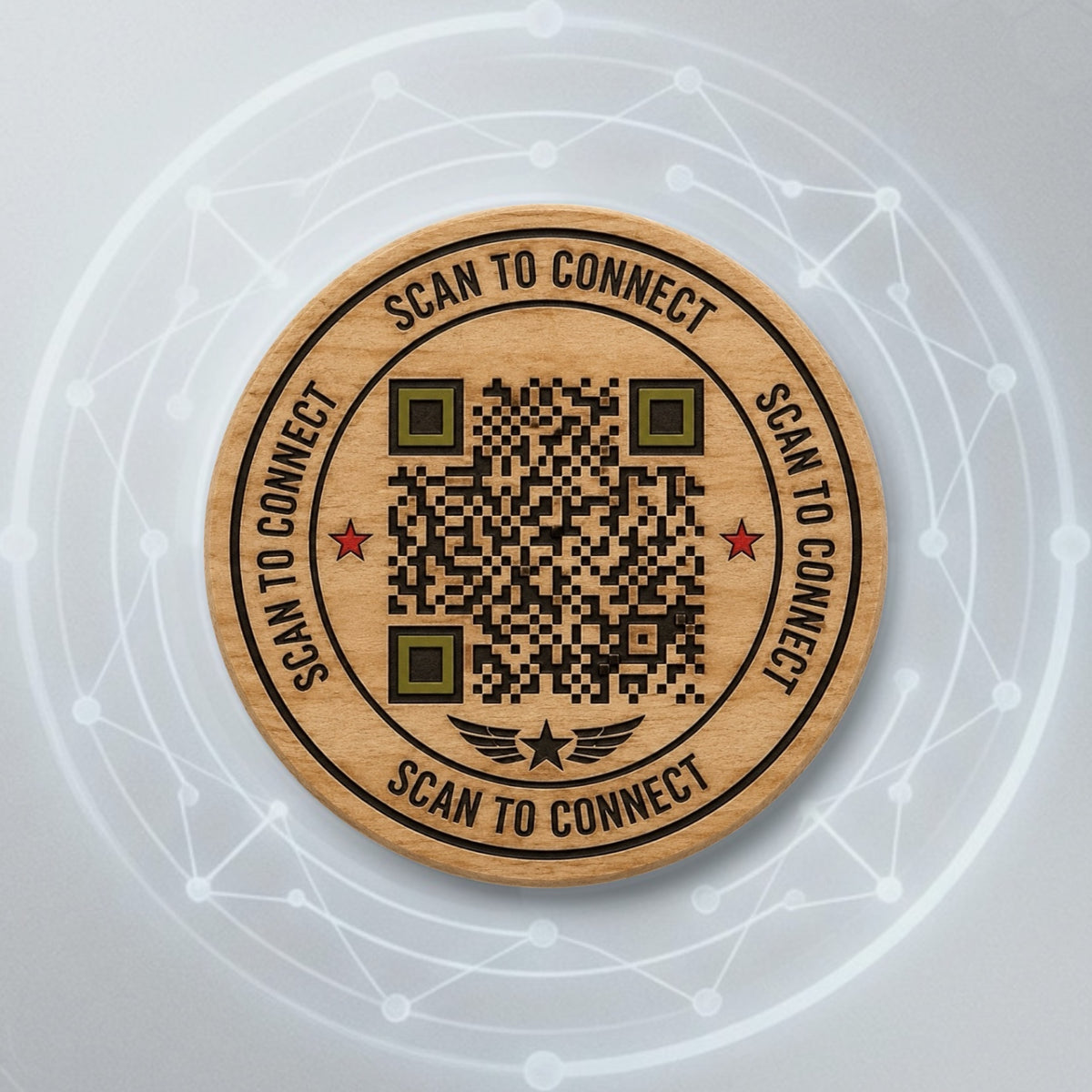 QR code engraved onto a wood coin with digital background.