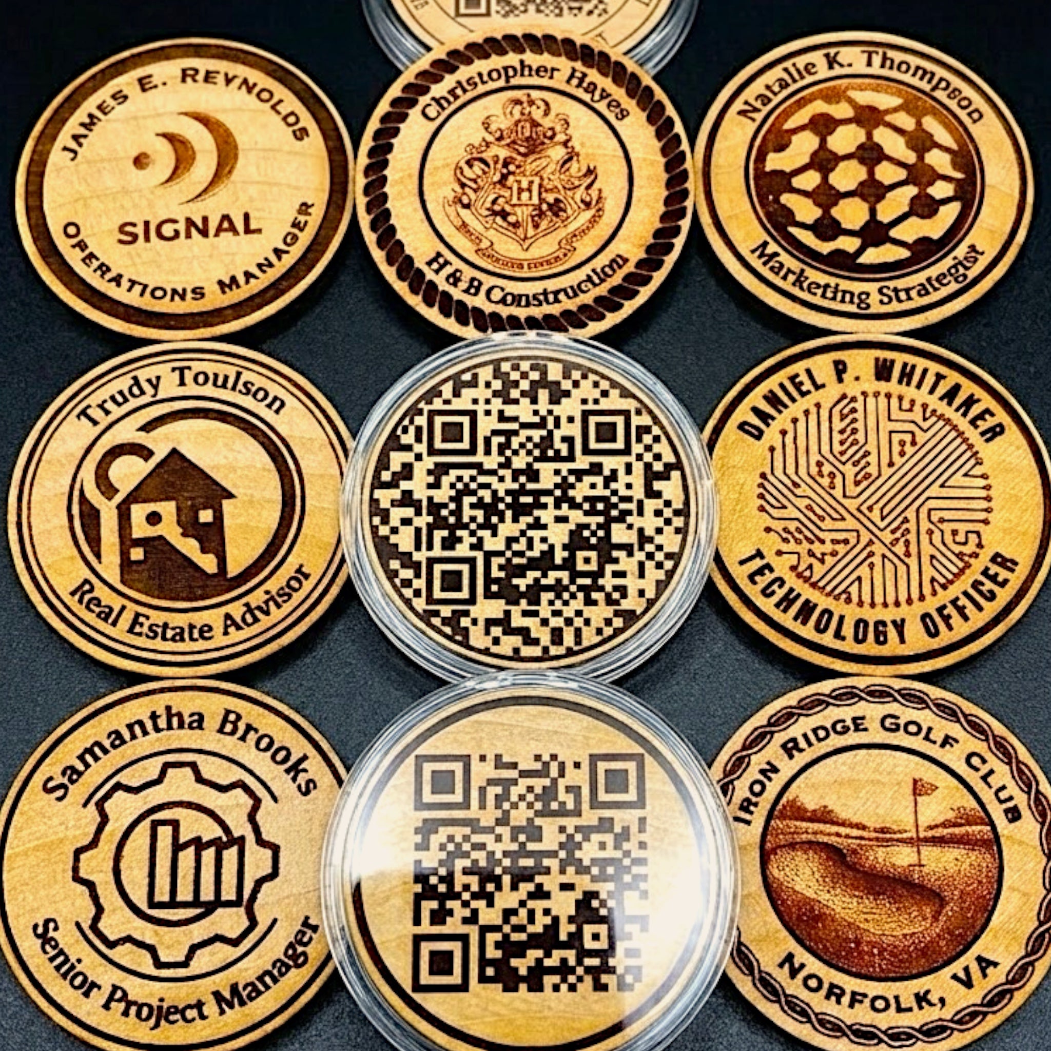 10 wood markers, showing different engraving options for Connect Series