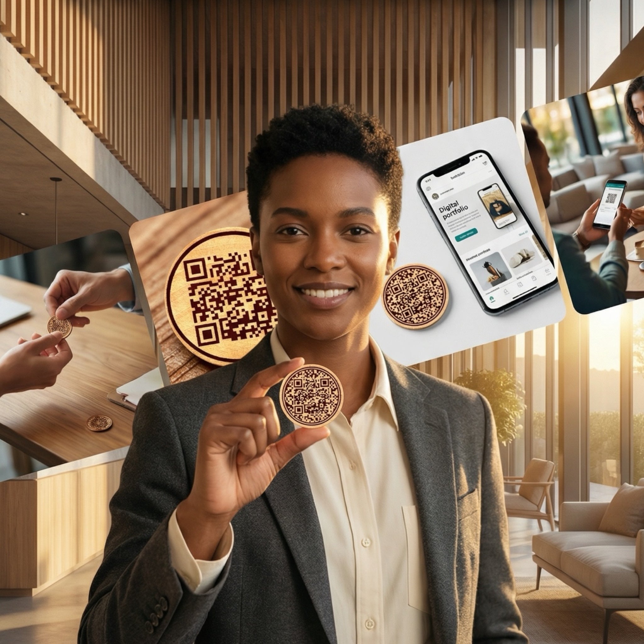 woman holding QR code engraved marker with sample use images behind, in an office setting.