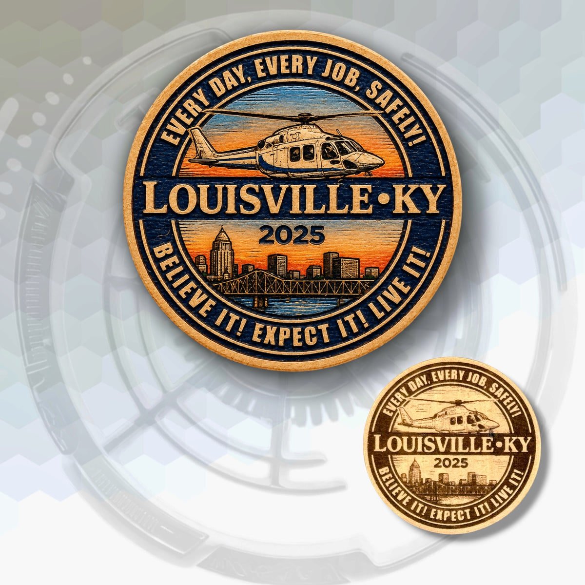 Wood coin engraved and colored with ECHO Louisville logo and wood coin engraved with no color on bottom right. 