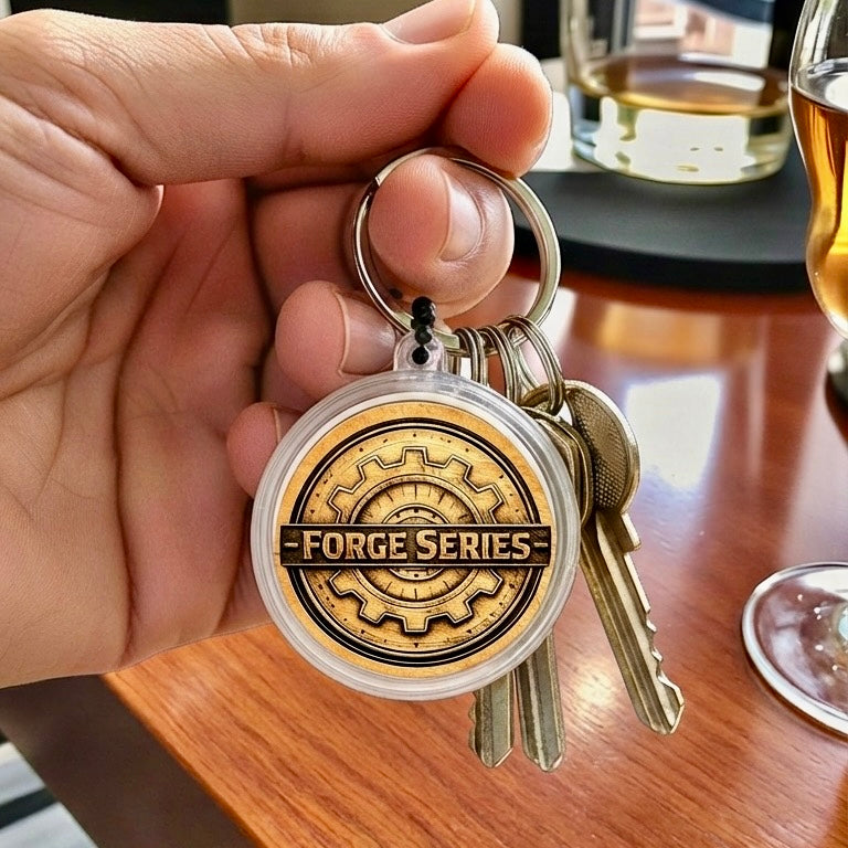 Keychain with 'Forge Series' design on a wood marker held by a hand.