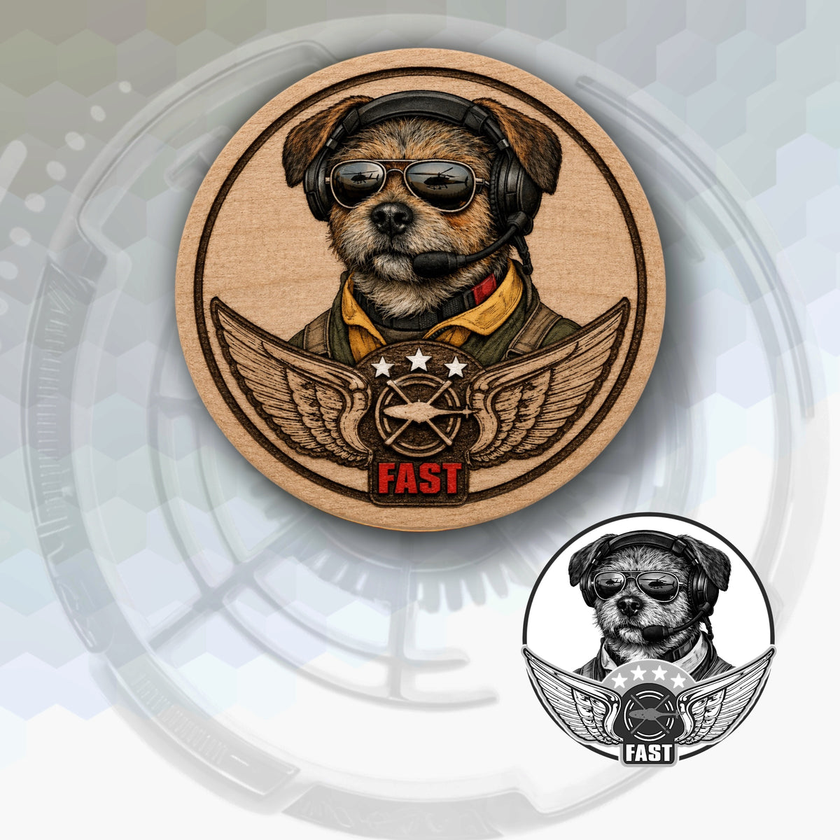 Wood coin engraved and colored with a dog in a flight suit and glasses above wings. Crosshair background with black and white version of image at bottom right.