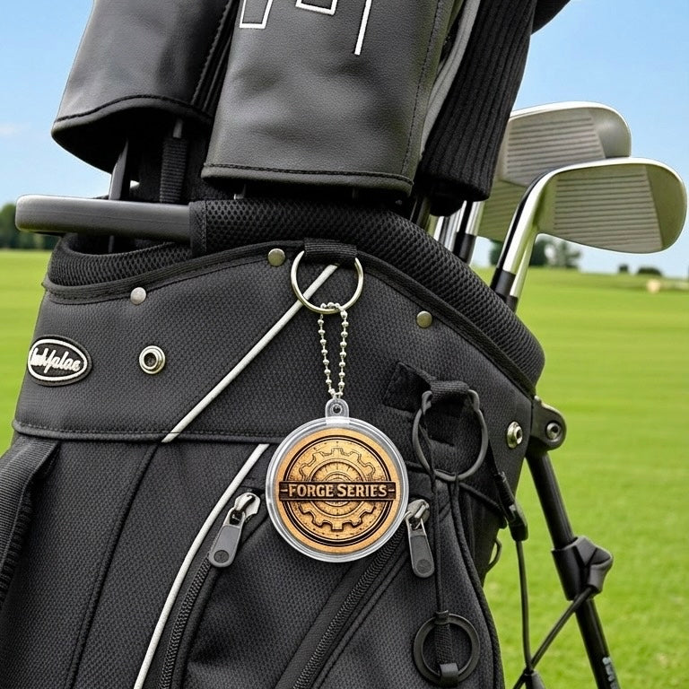 Golf bag with a 'Forge Series' pendant on a golf course