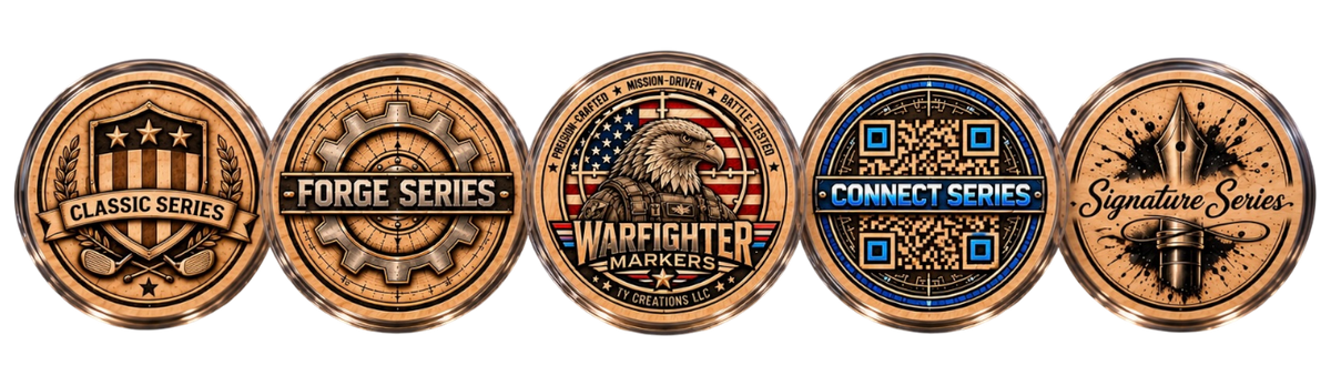Five wood coins in acrylic capsules engraved with the four series logos and new warfighter markers logo in center.