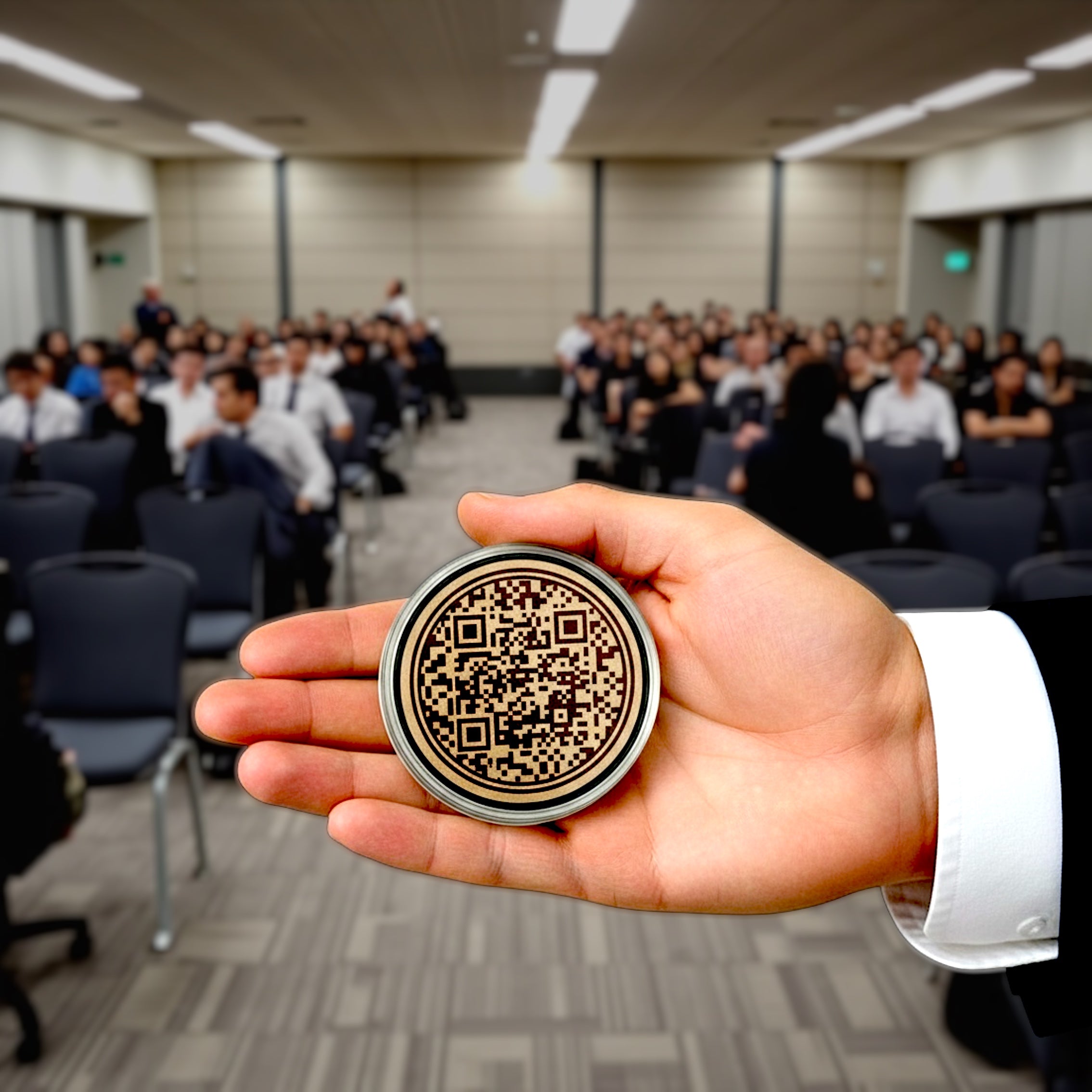 Hand holding a Connect Series marker with a QR code in front of a blurred conference room.