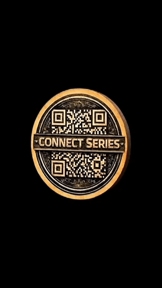 Rotating wood coin, left and right, with a QR code engraved on one side and Connect Series logo on the other side. 