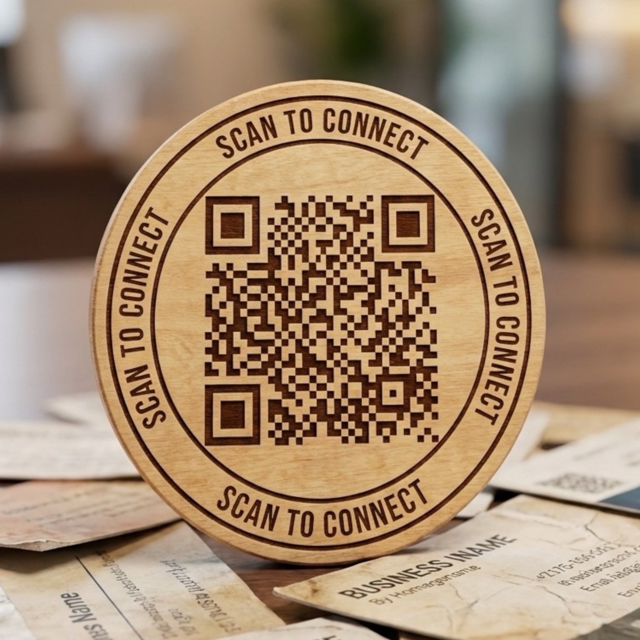 Wood marker with QR code and 'Scan to Connect' text on a blurred background