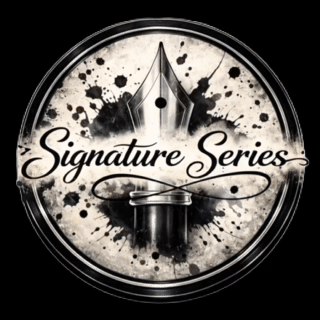 Blank wood disc is engraved with a calligraphy pen and text 'Signature Series' across, then transforming into a digital logo. 